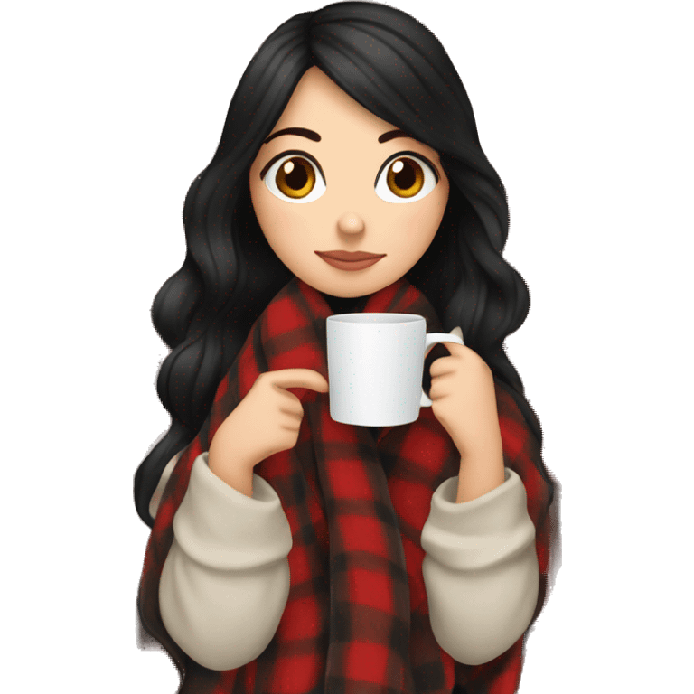 white girl black hair wrapped in cozy plaid blanket drinking a coffee emoji