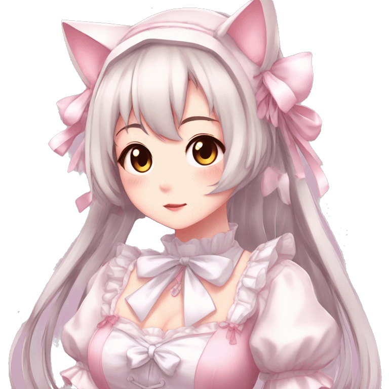 Gorgeous anime style catgirl with blushing face with maid outfit laces idol model kawaiicore pearly petite simplistic aesthetic trending style emoji