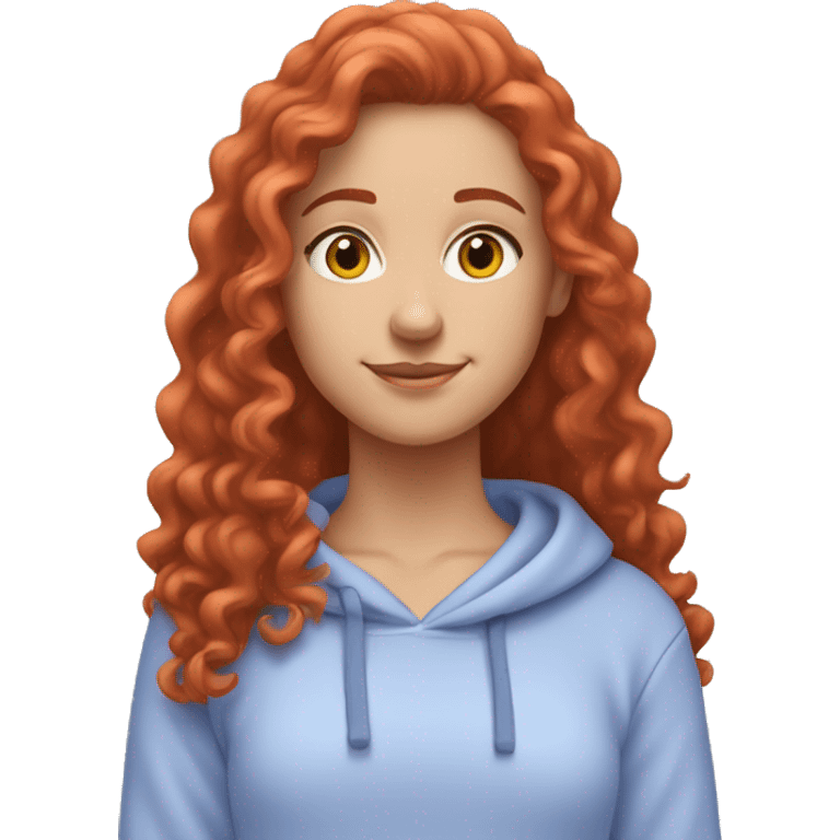 a white girl with long red curly hair, wearing a pastel periwinkle hoodie doing a pose emoji