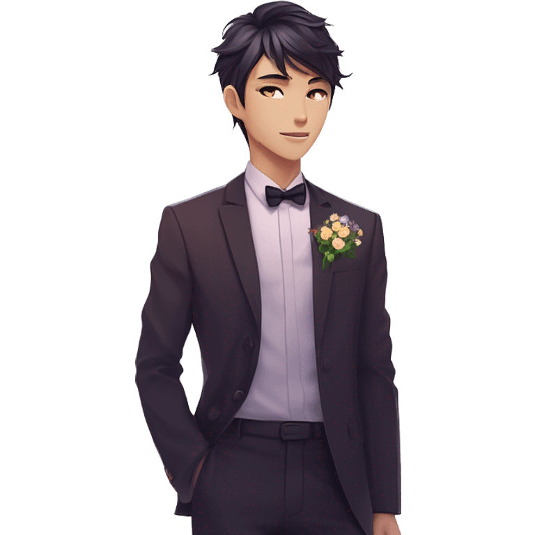 Gorgeous romantic anime style Asian formal modern gentlemanly guy with cat ears and flowers and blushing face aesthetic trending style outside with colorful gradient colors emoji