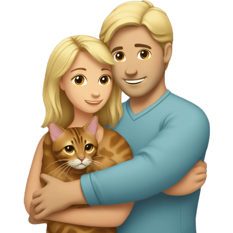 A blond man hugs a brown-haired woman and a bengal cat emoji