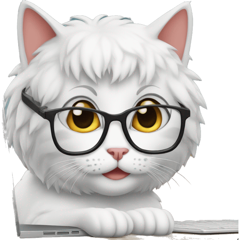 a nerdy cat in front of a computer and glasses emoji