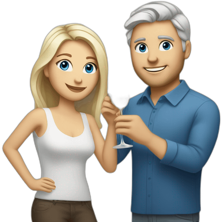 A white woman with brown eyes and blond medium long hair and a white man with blue eyes and grey hair, toasting with a glass of white wine emoji