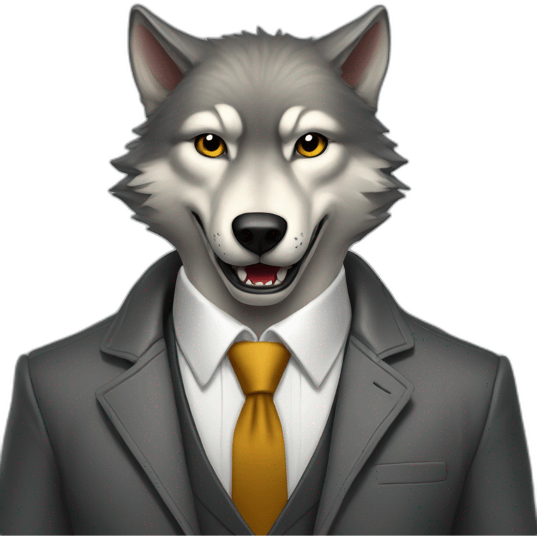 Portrait of a gray wolf showing fangs with a human-like face wears a sleek jacket and tie like a salesman with an open book emoji