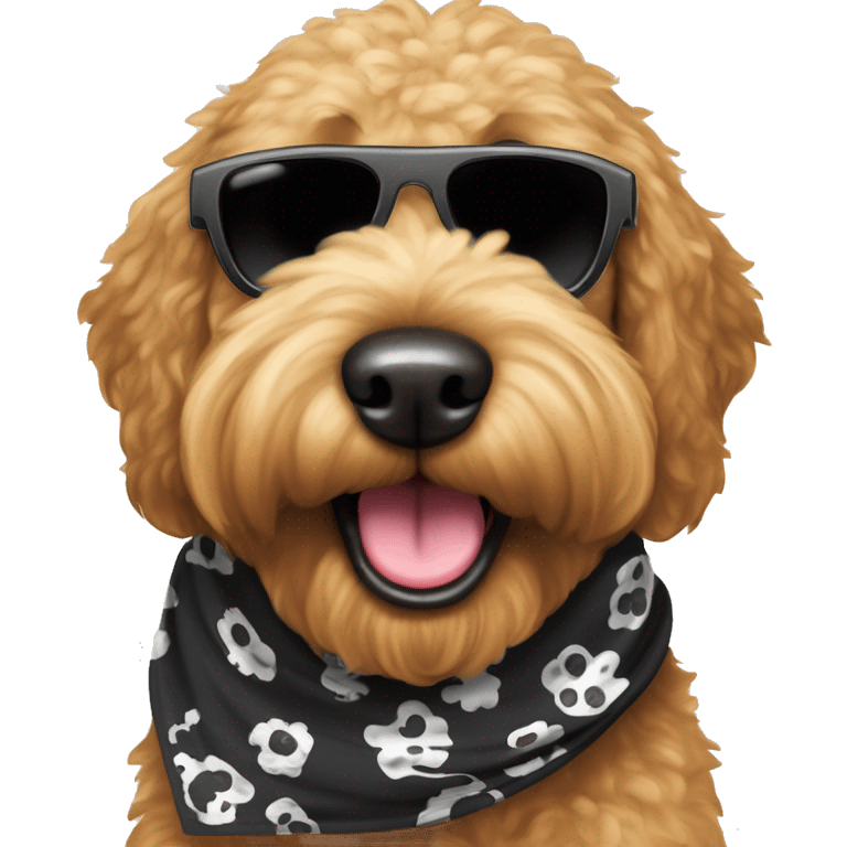 An all black dog breed “golden doodle” wearing sunglasses with a big smile with human like teeth. Also with a bandanna around its neck that says mums favourite  emoji