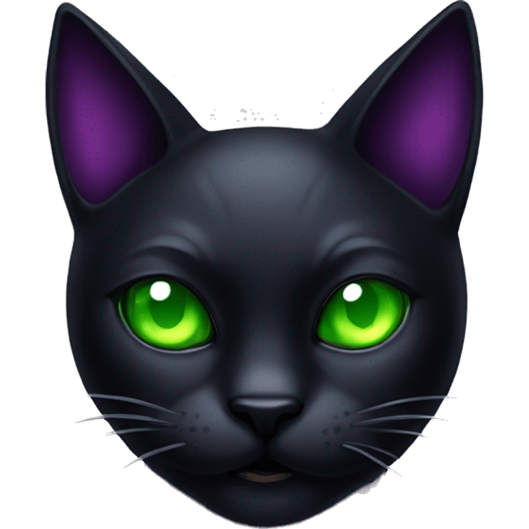 Evil black cat with green eyes and purple fire emoji