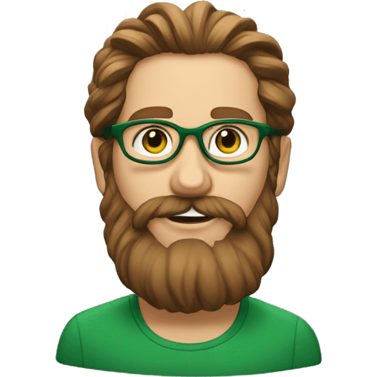 An emoji of a face of white man with long wavy brown hair tied into a bun, wearing green prescription glasses. He also has a long beard emoji