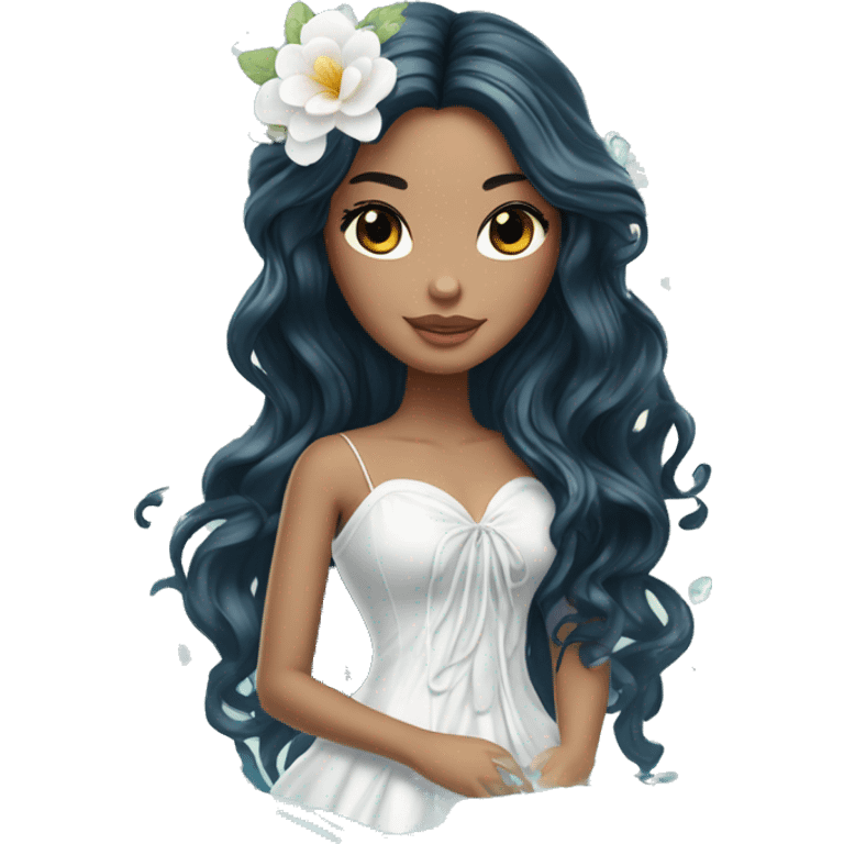 Pretty young Lady doll posing posed pose with long black hair flowers in hair white dress surrounded by flowing water water swirls waves emoji