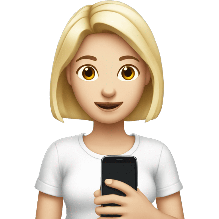 a girl with fair skin is holding a mobile phone in her hands, wearing a white T-shirt emoji