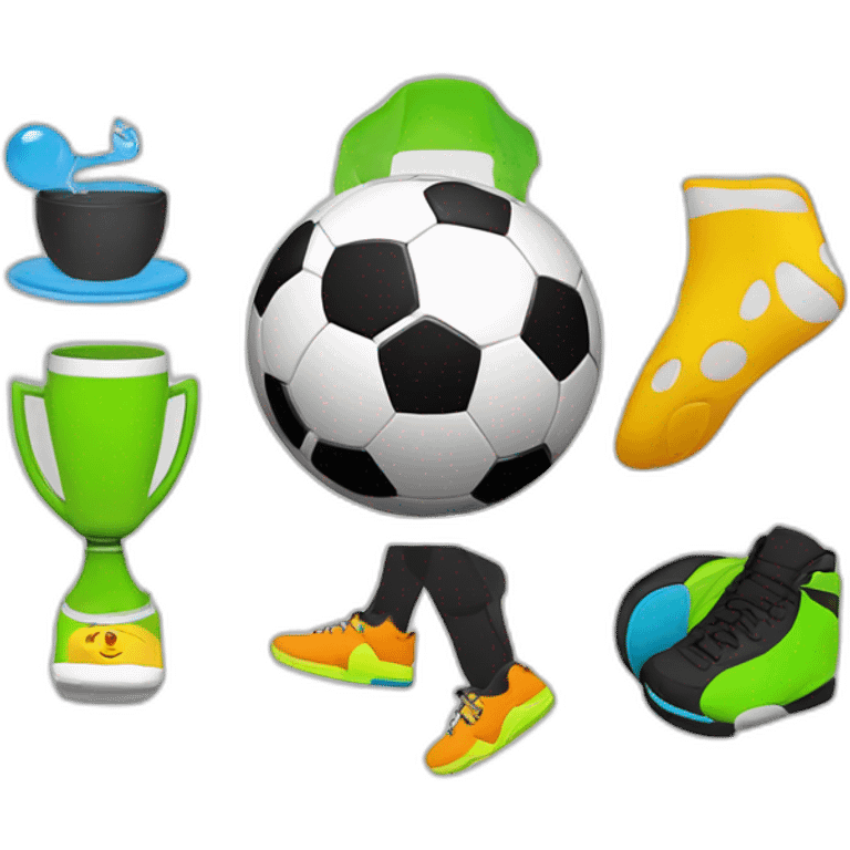 make a circle logo with all shapes of a Soccer ball, person running, wakeboard, Weird emoji, and swig cup emoji