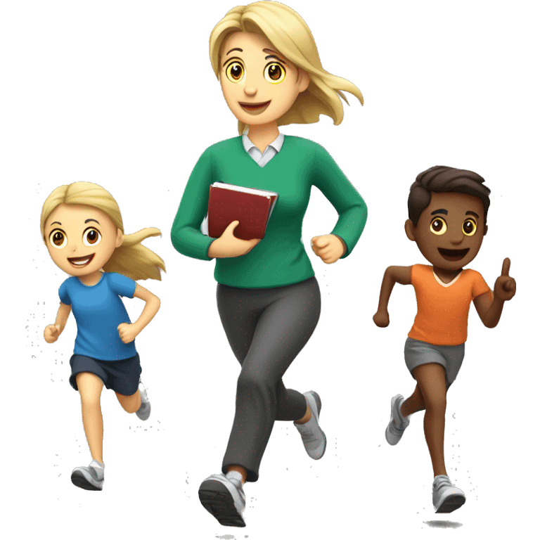 Teacher, running, with kids and compu emoji