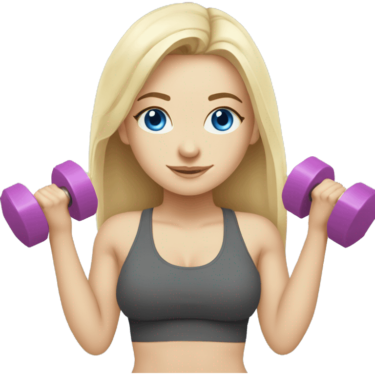 blonde white girl with blue eyes holding two dumbbells on a yoga mat emoji