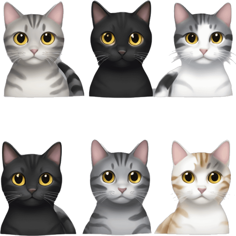 4 cats - 1 black cat, 1 black mackerel tabby cat, 1 small white and grey tabby cat, and 1 fat black mackerel tabby cat emoji