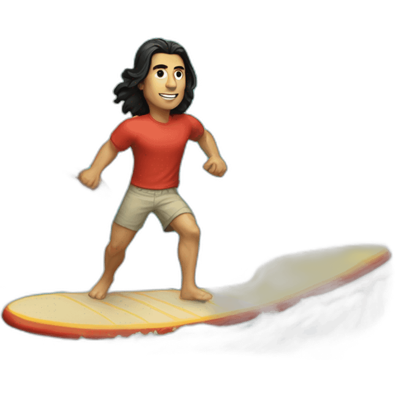 guy with long black hair in short and t-shirt surfing a wave textured like a pizza emoji