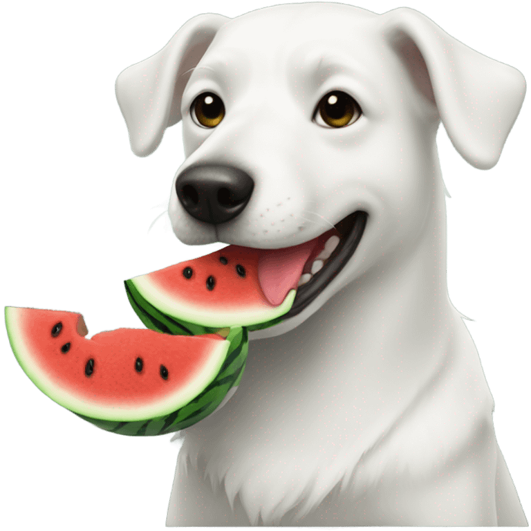 White dog with black eyes patch eating watermelon emoji