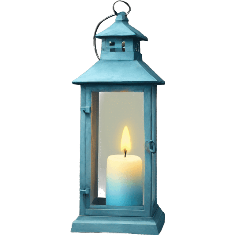 Realistic Single HD light blue rustic lantern with glass and lit candle inside. emoji