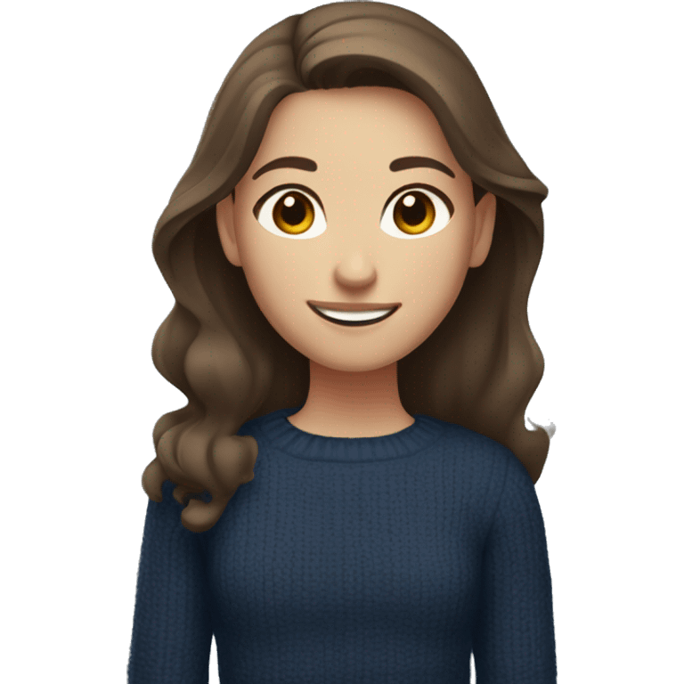 girl with brown hair, gray eyes, fair skin, in a dark blue sweater and smiling relaxed emoji