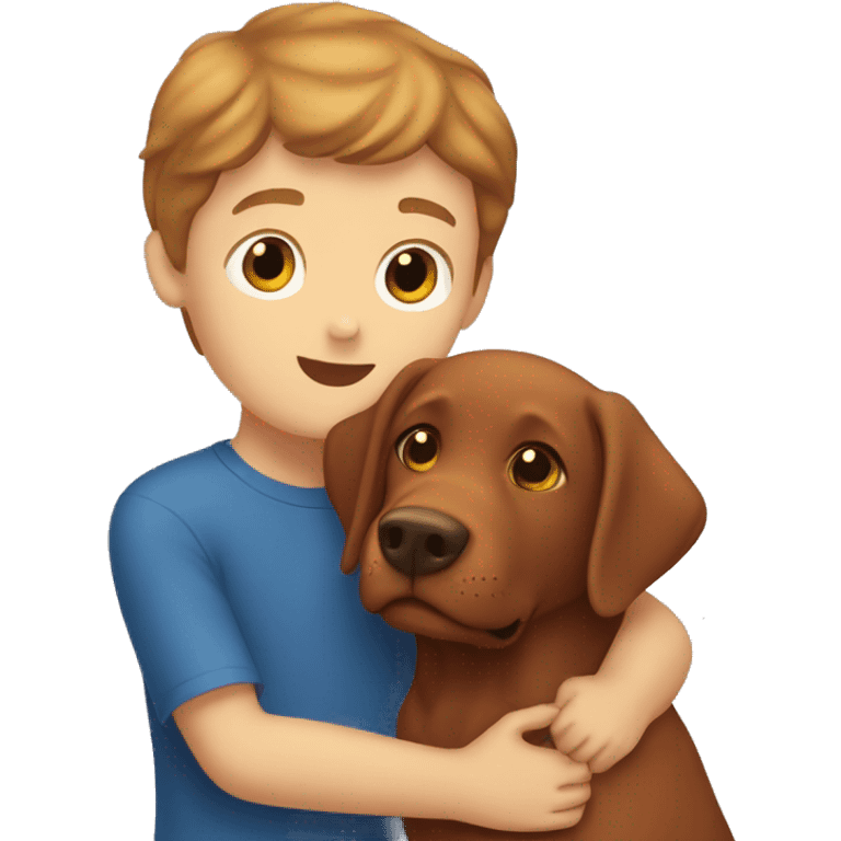 Red Labrador giving brown haired boy a hug emoji