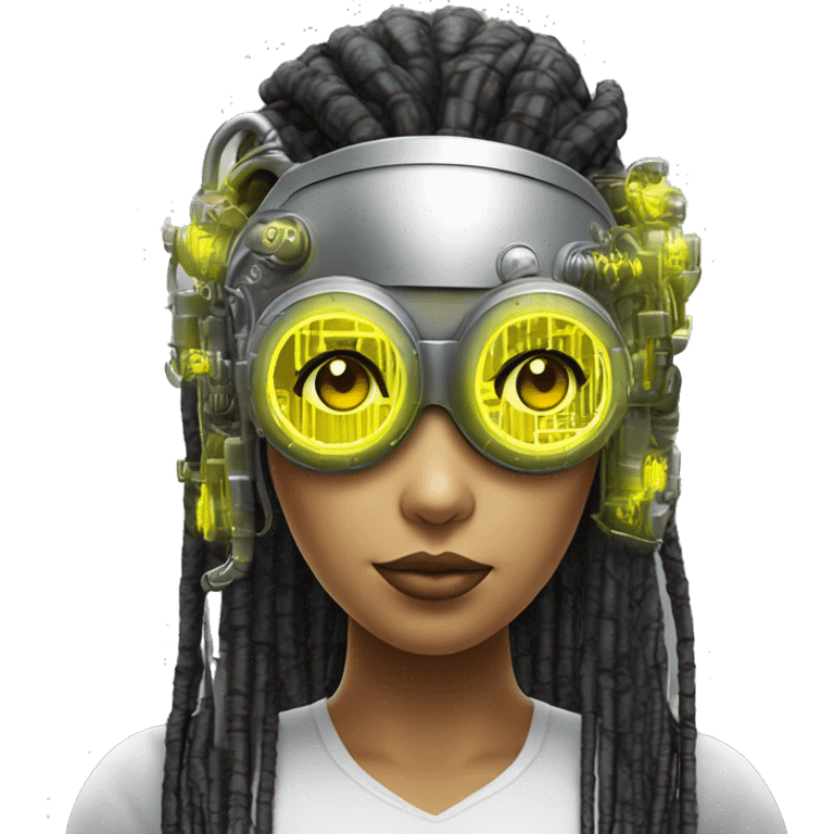 Neon yellow bobbed hair Latina female cyborg head with silver steampunk goggles and circuits emoji