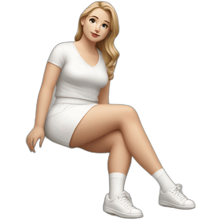 hyperrealistic-full-body-caucasian-curvy-beauty-sitting on the ground-small white-skirt-white knickers white socks emoji