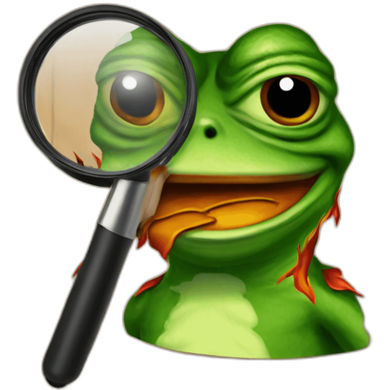 pepe the frog with flames on wood with a magnifier emoji