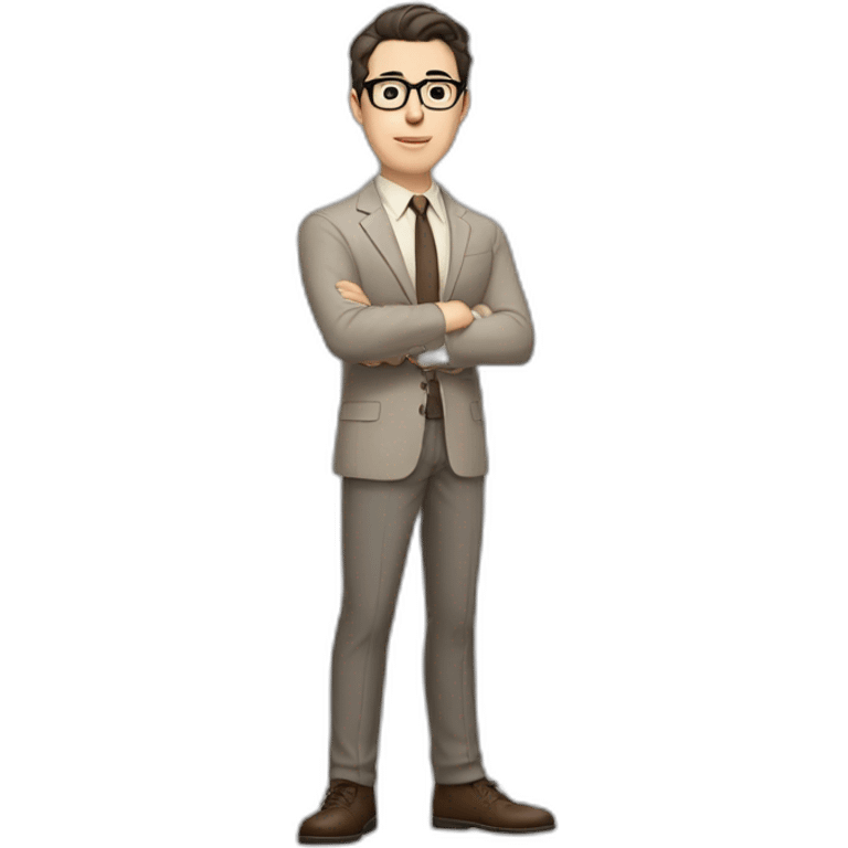 Full height Pale skinned Fit Man With dark brown hair in gray jacket, beige office shirt, tie, Brown pants and vintage glasses. Thrumbs of his palms directed up emoji