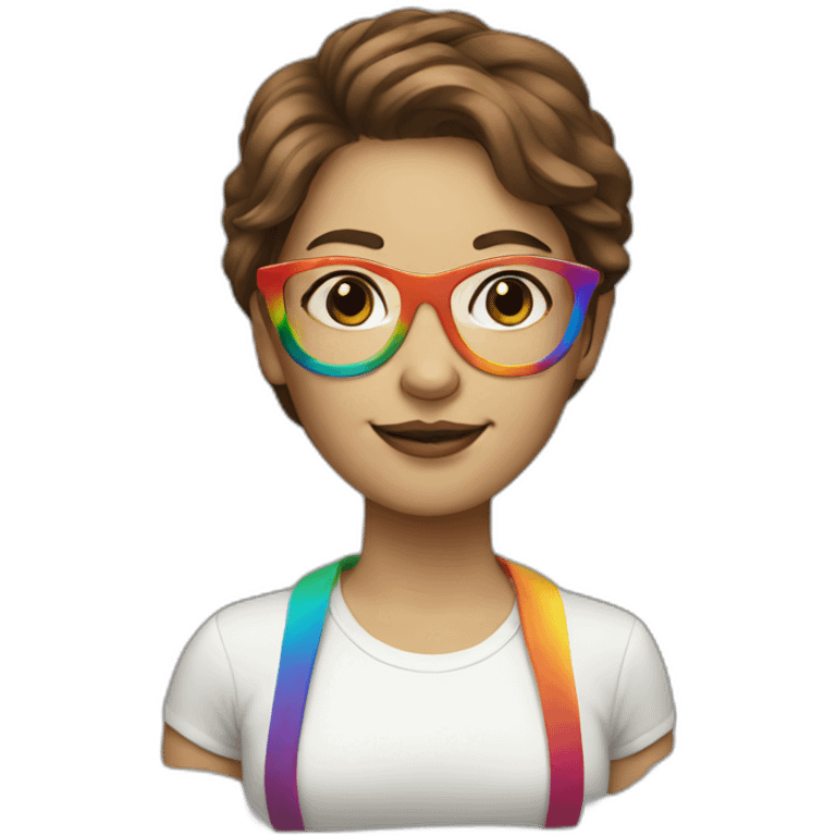 brown hair white woman with rainbow glasses emoji