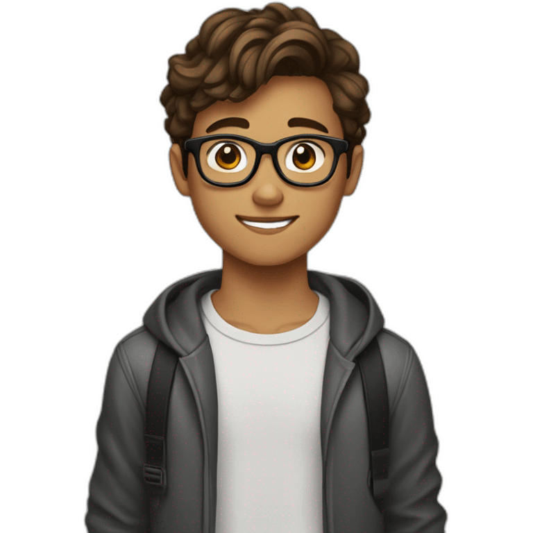 A 15 year old boy with brown hair, brown eyes and black glasses and it's a content creator who talks about technology emoji