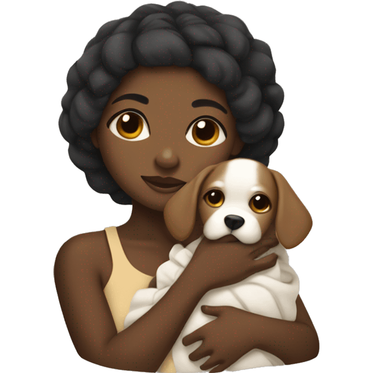 black girl wrapped in a banket with a puppy in her arms emoji