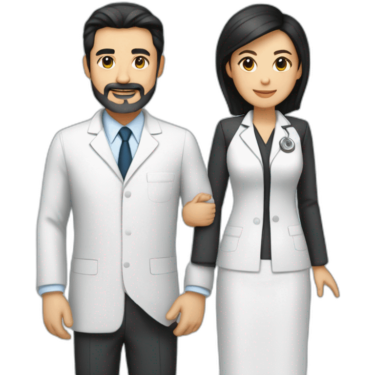 husband middle aged executive classic dark hair thin beard wearing dark business suit, with wife filipina age 55 dark hair wearing nurse uniform emoji