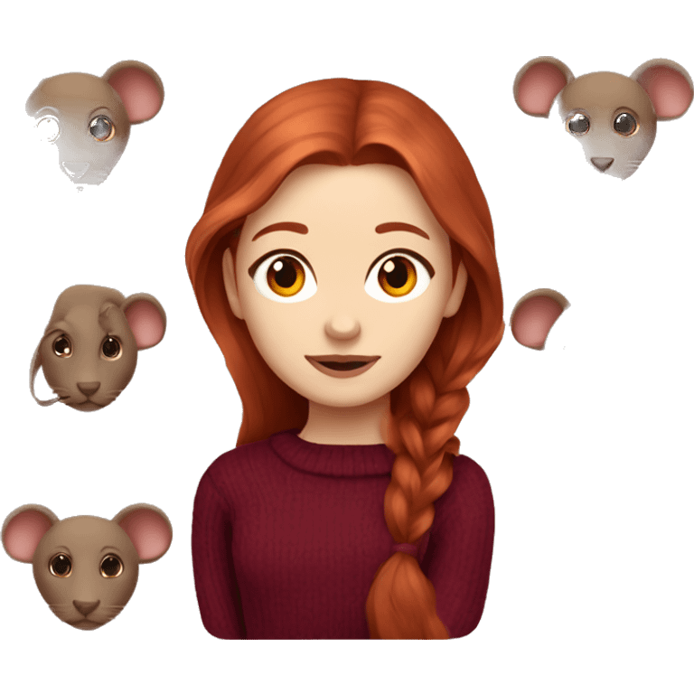 redhead girl with long hair and styling in a burgundy sweater and a rat on her shoulder emoji