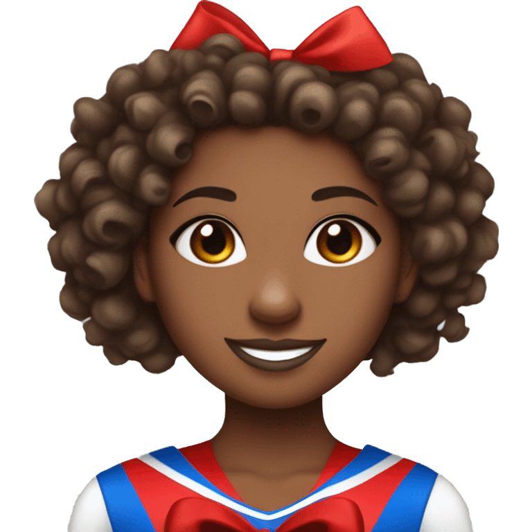 Brown skin cheerleader with a curly half up half down hairstyle with a red bow , holding one blue pom and one red pom , red skirt and white long sleeve shirt. emoji