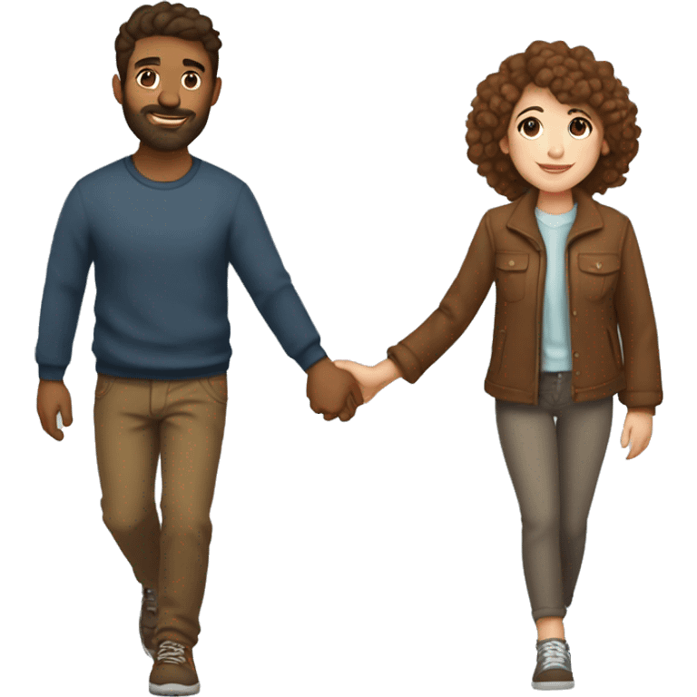 A beautiful brown-haired girl with a hairy brown-haired man with short hair walk by the hand and love each other emoji