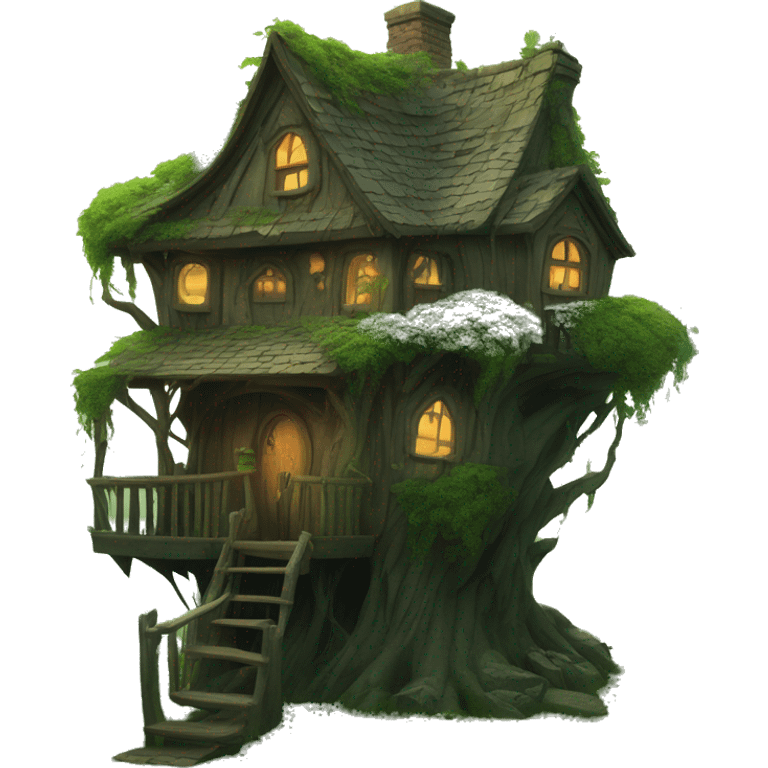 Fantasy haunted tree house in an overgrown cottage  emoji