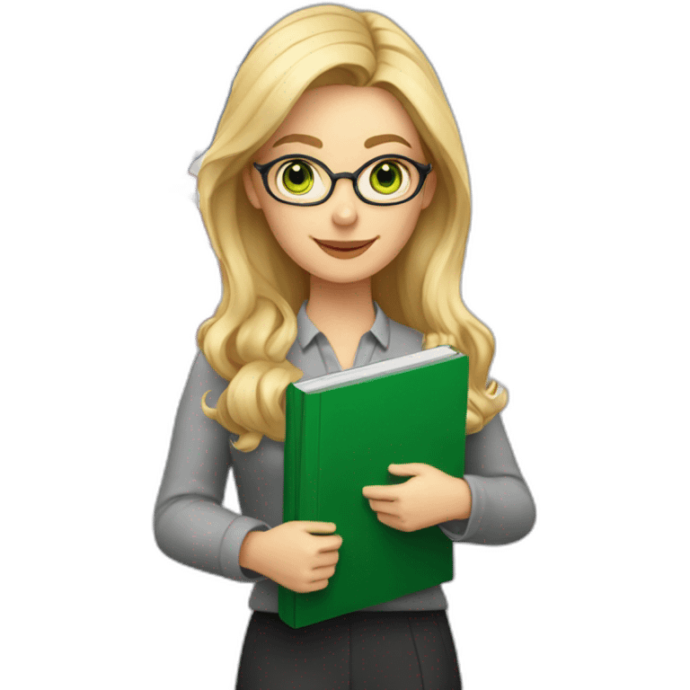 English teacher female with blonde hair and green eyes. with English book with usa flags emoji