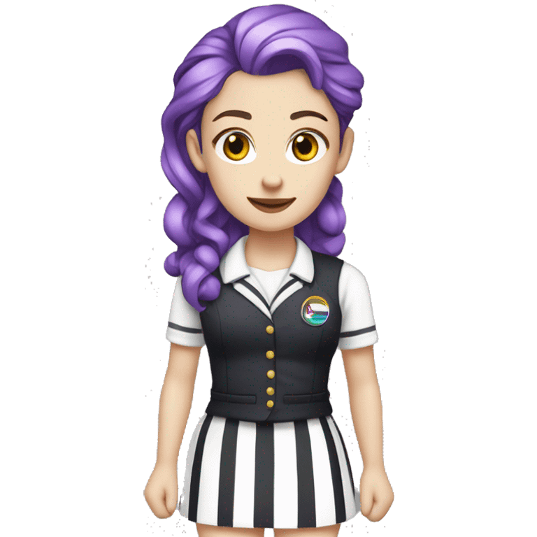 Emma Myers with rainbow hair pale skin wearing purple with black stripes uniform vest and skirt emoji