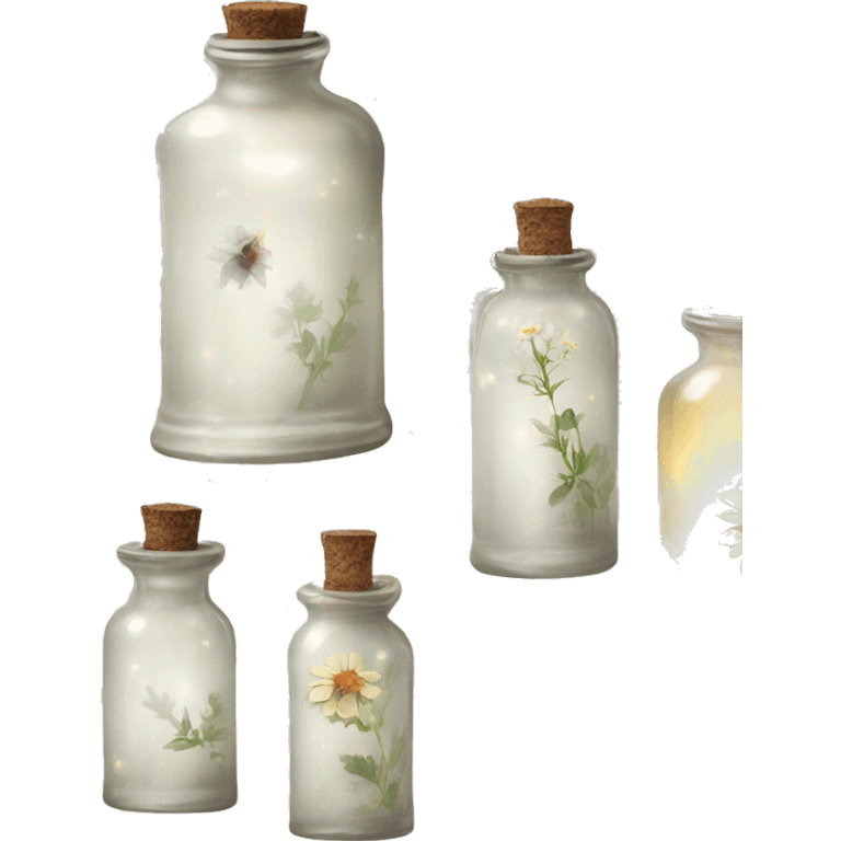 White magic fairy light sparkling old Antique bottle with poison and with herbal and flowers emoji