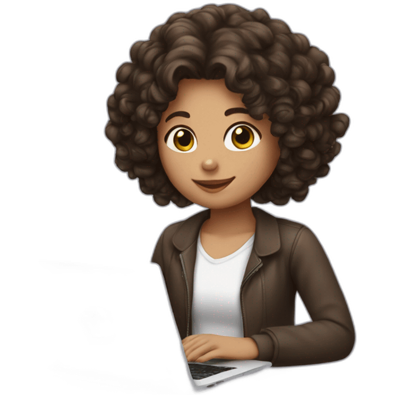 girl with curly dark brown hair with laptop and white hearts back emoji