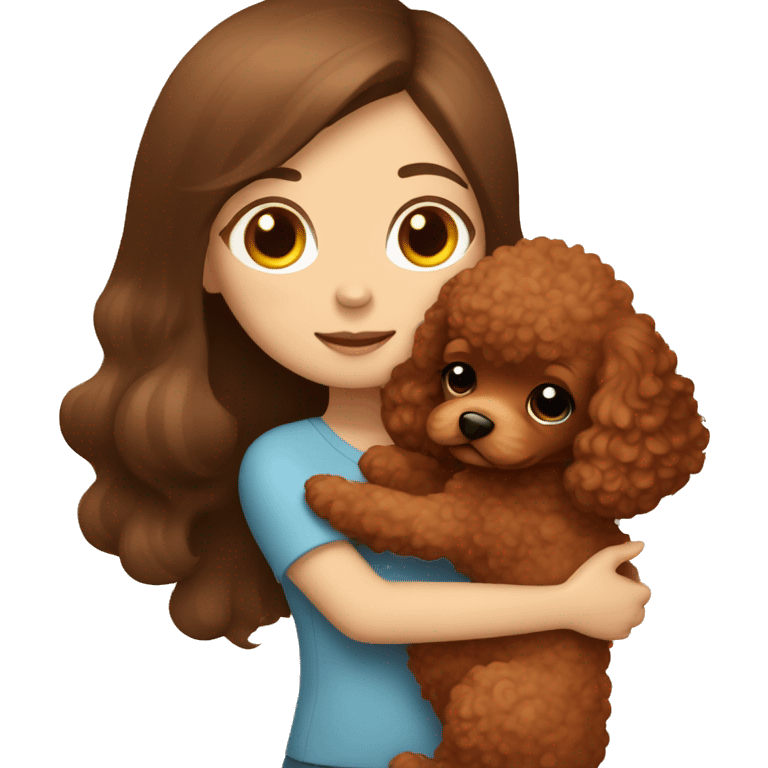 A girl with long brown hair hugging a cute red brown toy poodle puppy  emoji