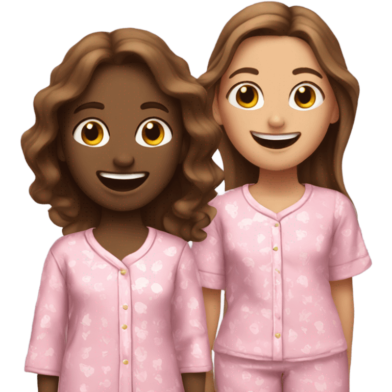 2 white/arab girls with brown hair laughing together in pink pjs emoji