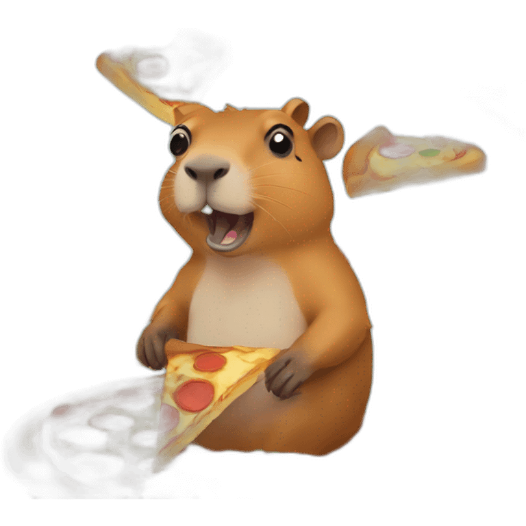 little capybara eating a pizza while riding on capybara emoji