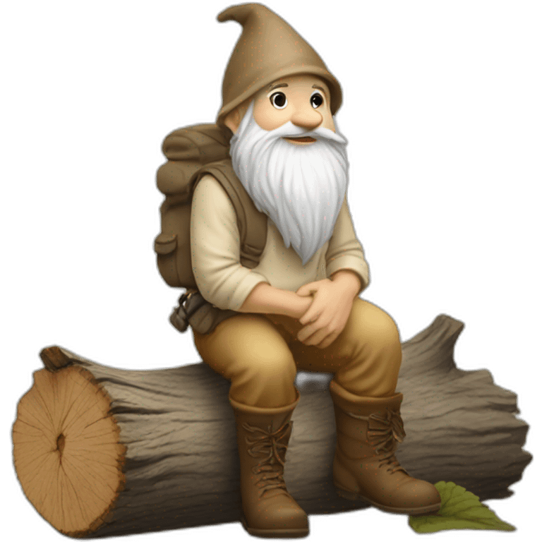 side view of gnome with light tan pants and light tan boots squatting above small brown log emoji