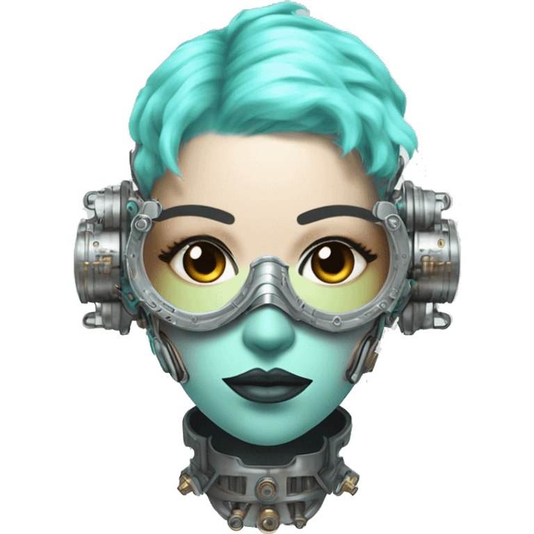 Pastel aqua hair female cyborg head with silver steampunk goggles, goatee and circuits emoji