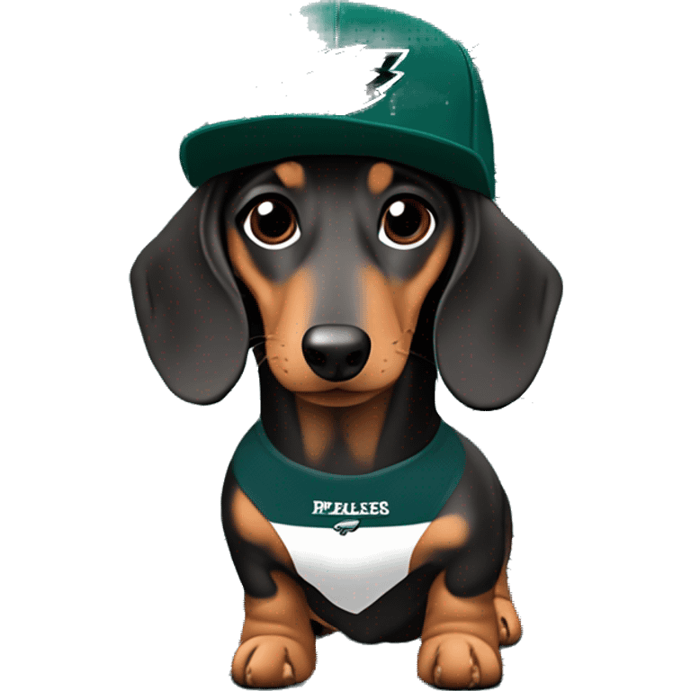 Miniature Dapple Dachshund wearing Philadelphia Eagles Hat with Coco name on Jersey emoji