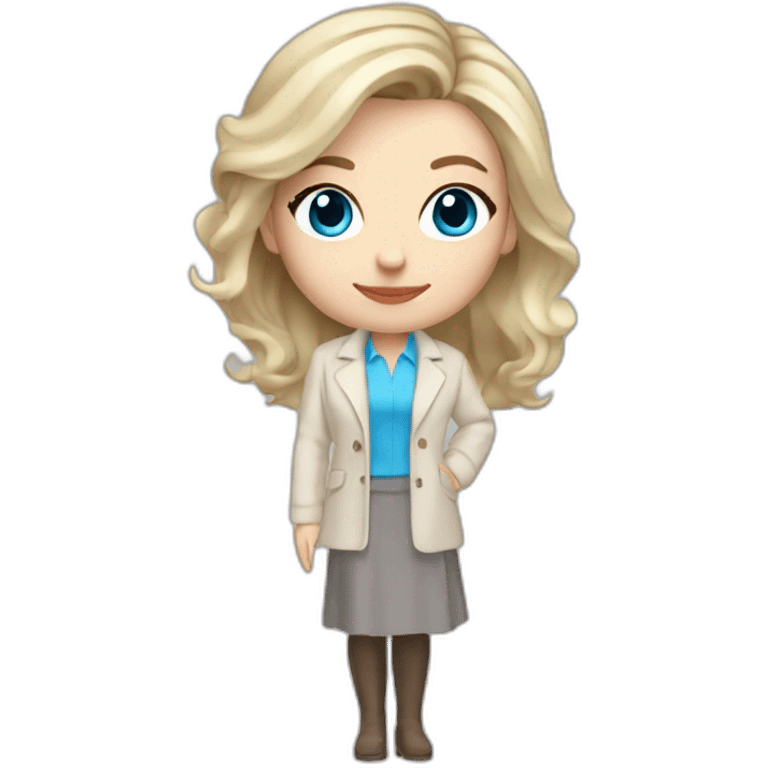 pale skin woman interior designer with cold blonde middle length hair, blue eyes, beige blouse, White oversize jacket, Gray skirt holding a color palette in the hands emoji