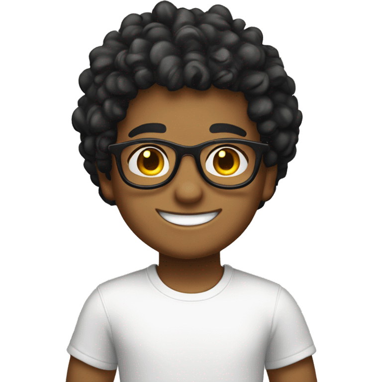 a tan skin, black curly hair boy wearing glasses wearing white t shirt smiling  emoji