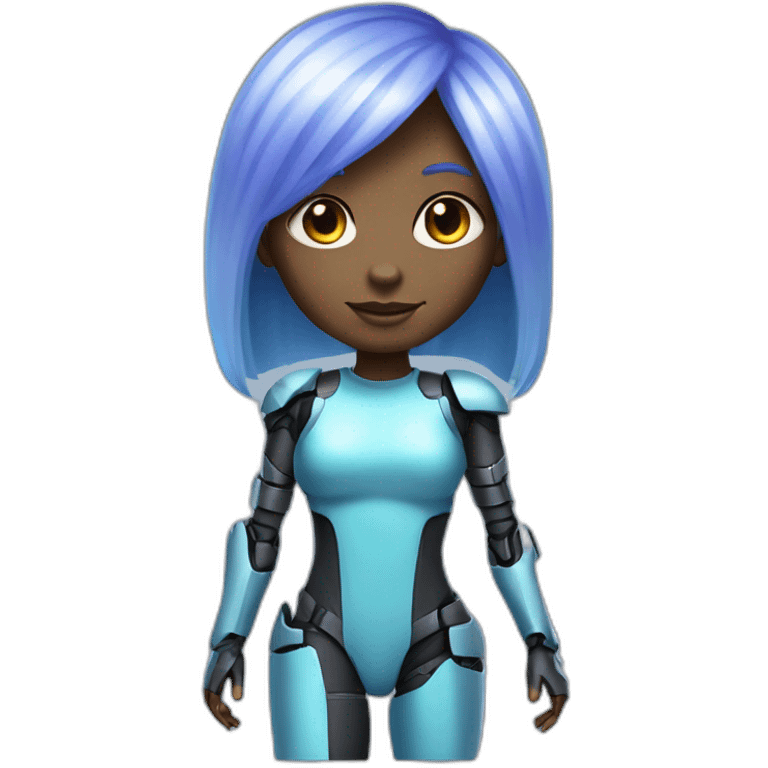 A girl with light blue hair. She has dark skin. Her hair is very long and straight. Plus she has bangs. She has purple eyes. She has a robotic arm. She's wearing a sci-fi suit. emoji