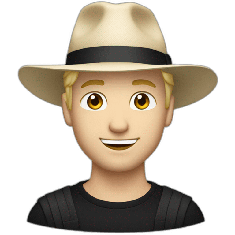 Smirking white man with short blond hair wearing a black Panama hat, and a black adidas long sleeve sweater emoji