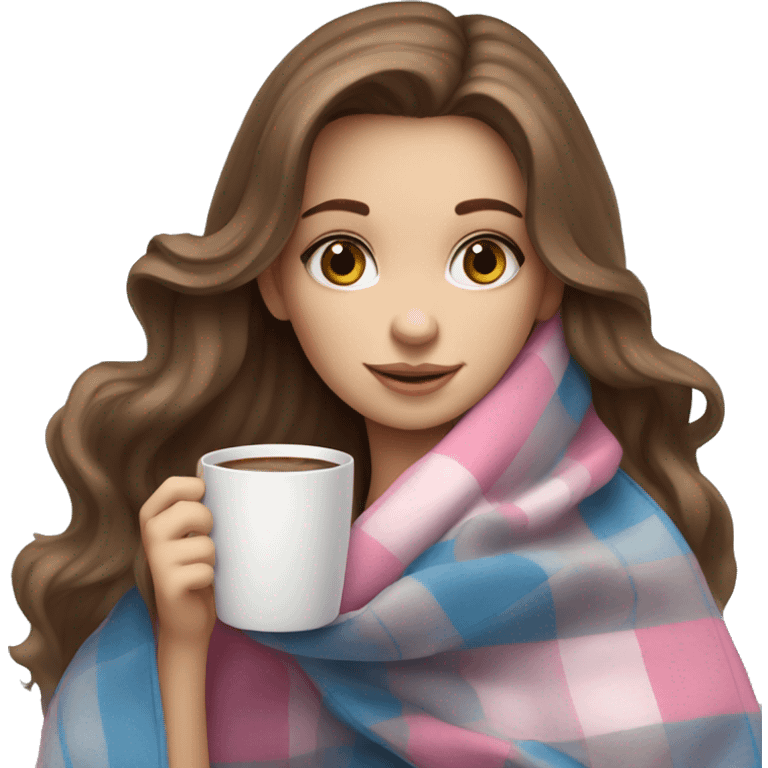 cute brown haired girl with long hair wrapped in pink plaid blanket drinking coffee blue eyes emoji