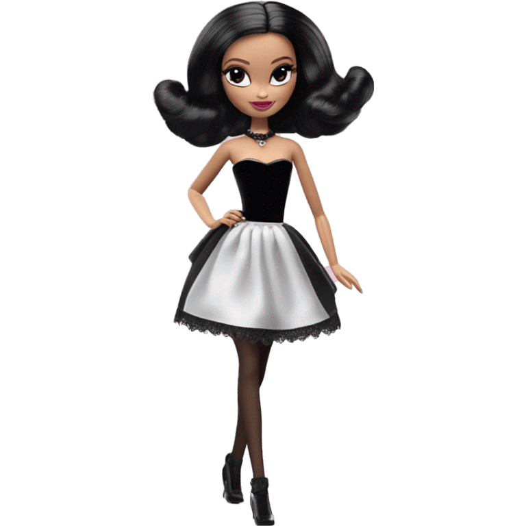  Bunny Wednesday Addams Barbie dancing.  Cute eye makeup face. Longer hair, short black flowing strapless tight evening gown with  plunging neckline that’s off-the-shoulders that also shows her legs and black shiny velvet high heel shoes. emoji